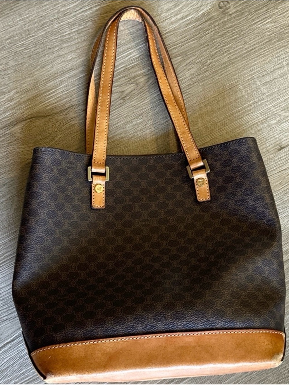 Celine Dark Brown Canvas Satchel with Tan Leather Trim